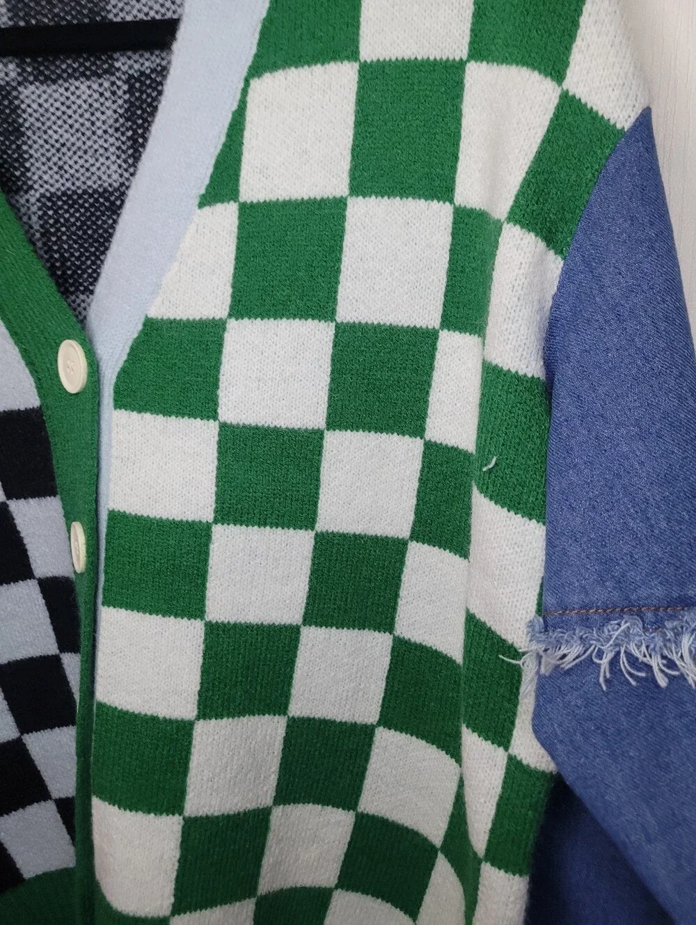 ILLA ILLA Checkerboard Button-Front Cardigan With Denim Sleeves Sz S/M NWOT